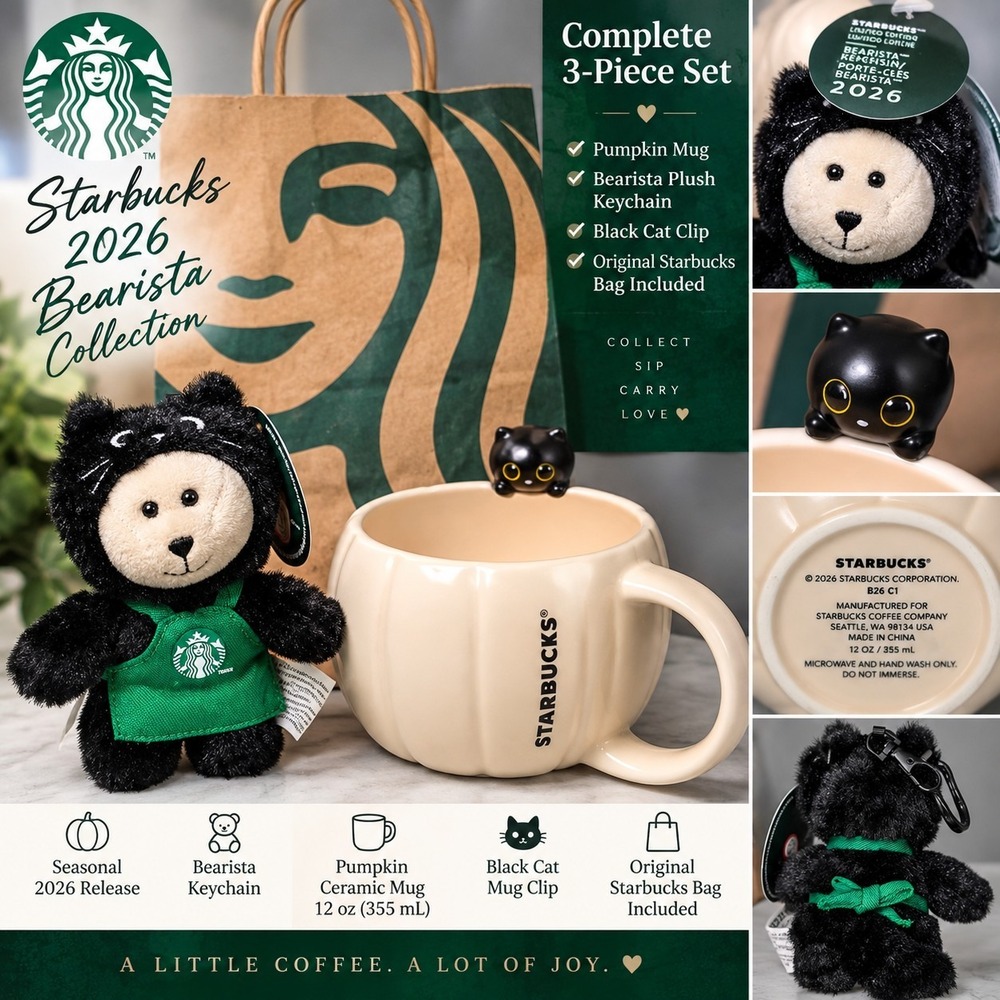Starbucks 2026 Bearista Black Cat Plush Keychain Pumpkin Mug 12oz Halloween Set